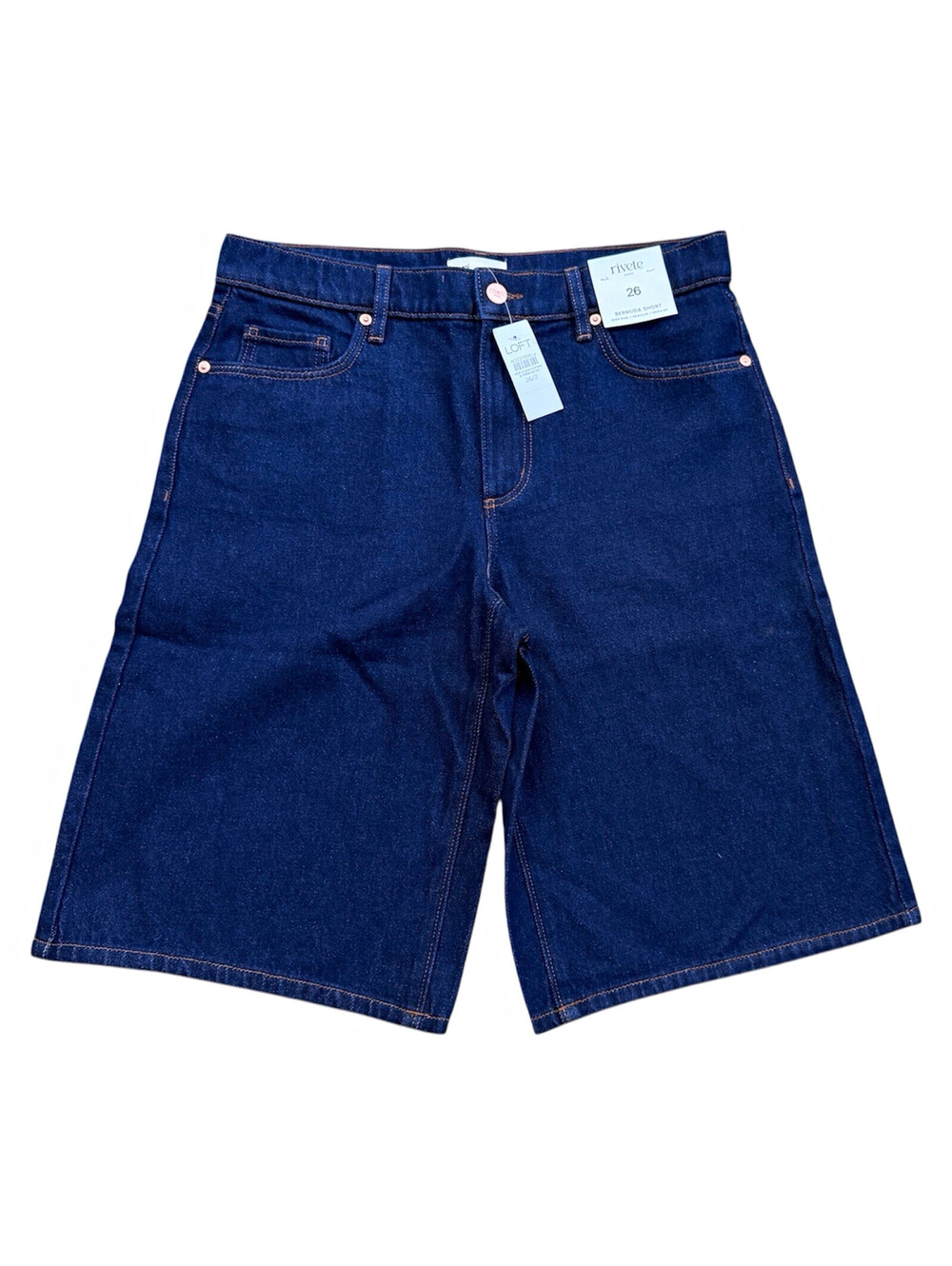 LOFT Rivete High Rise Denim Bermuda Shorts Dark Rinse Sz 26/2 NWT 100% Cotton